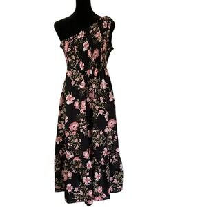 Womens One Shoulder Smocked Fit Flare Midi Floral Dress Size M Feminine Romantic